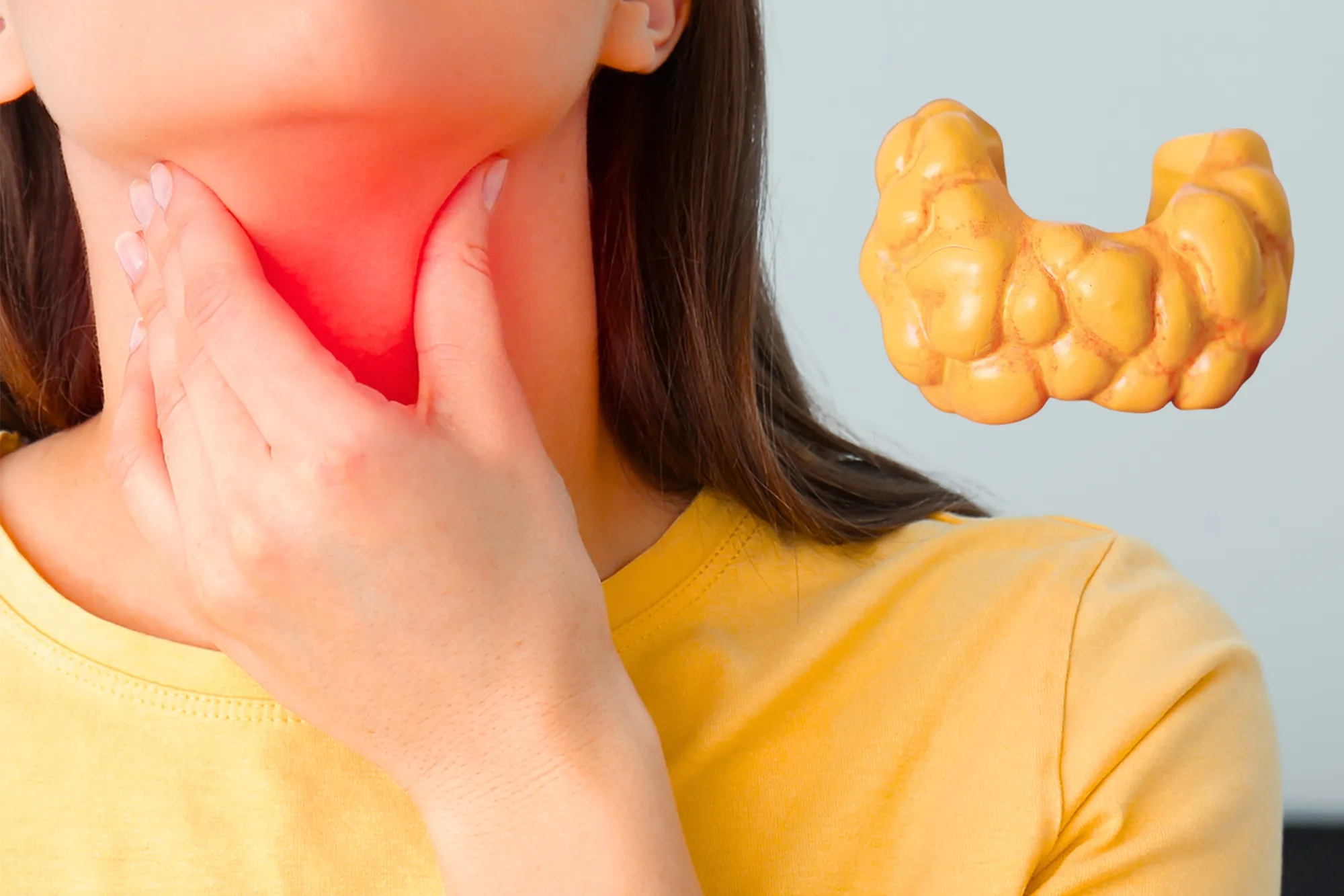 Woman experiencing throat pain due to thyroid nodules